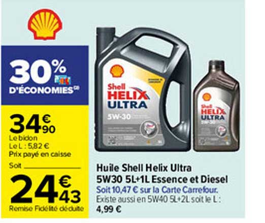 huile shell helix ultra 5w30 5l + 1l essence et diesel