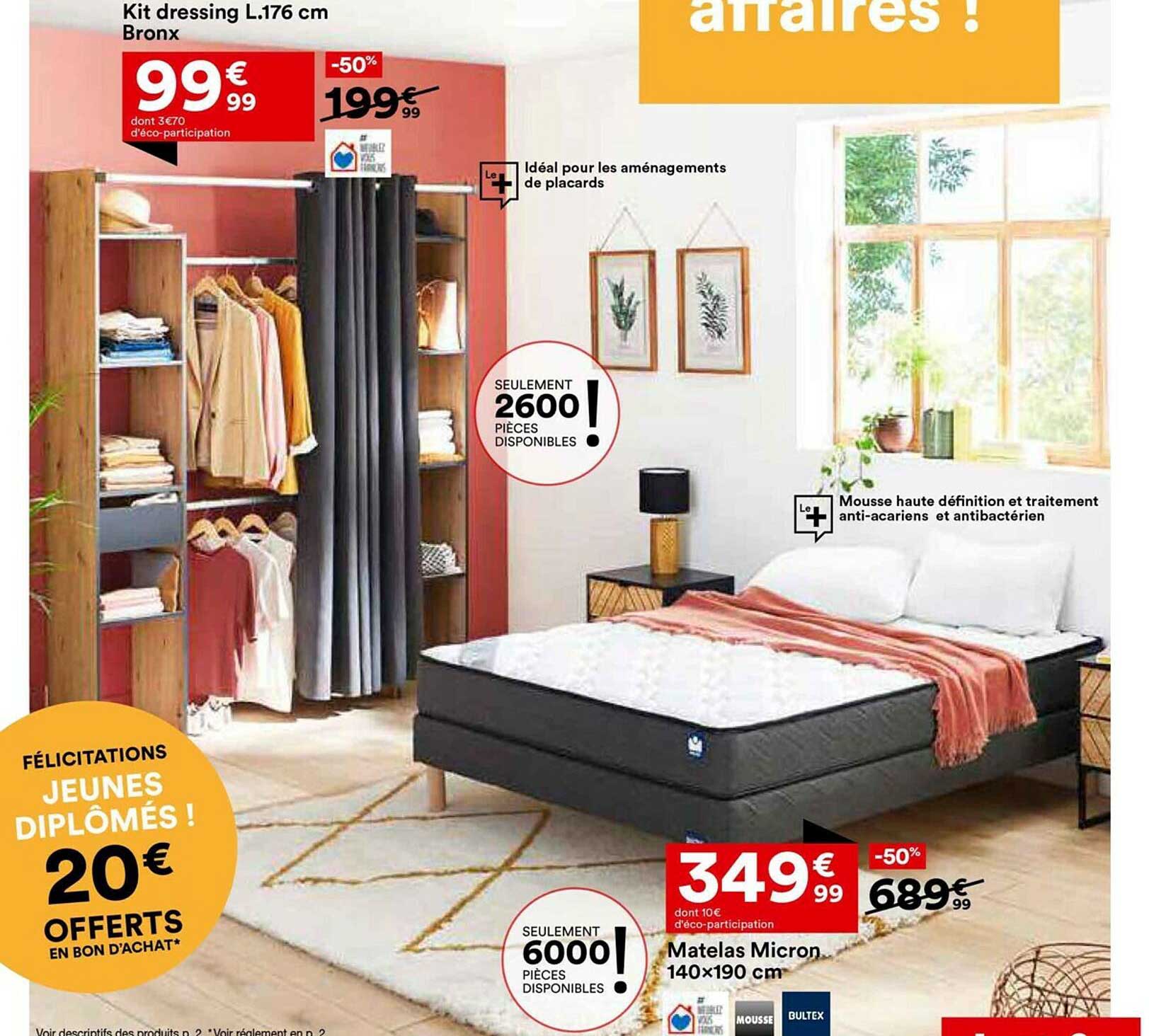 kit dressing l.176 cm bronx, matelas micron 140 x 190 cm bultex