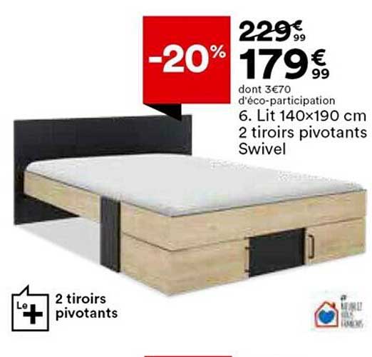 lit 140 x 190 cm 2 tiroirs pivotants swivel
