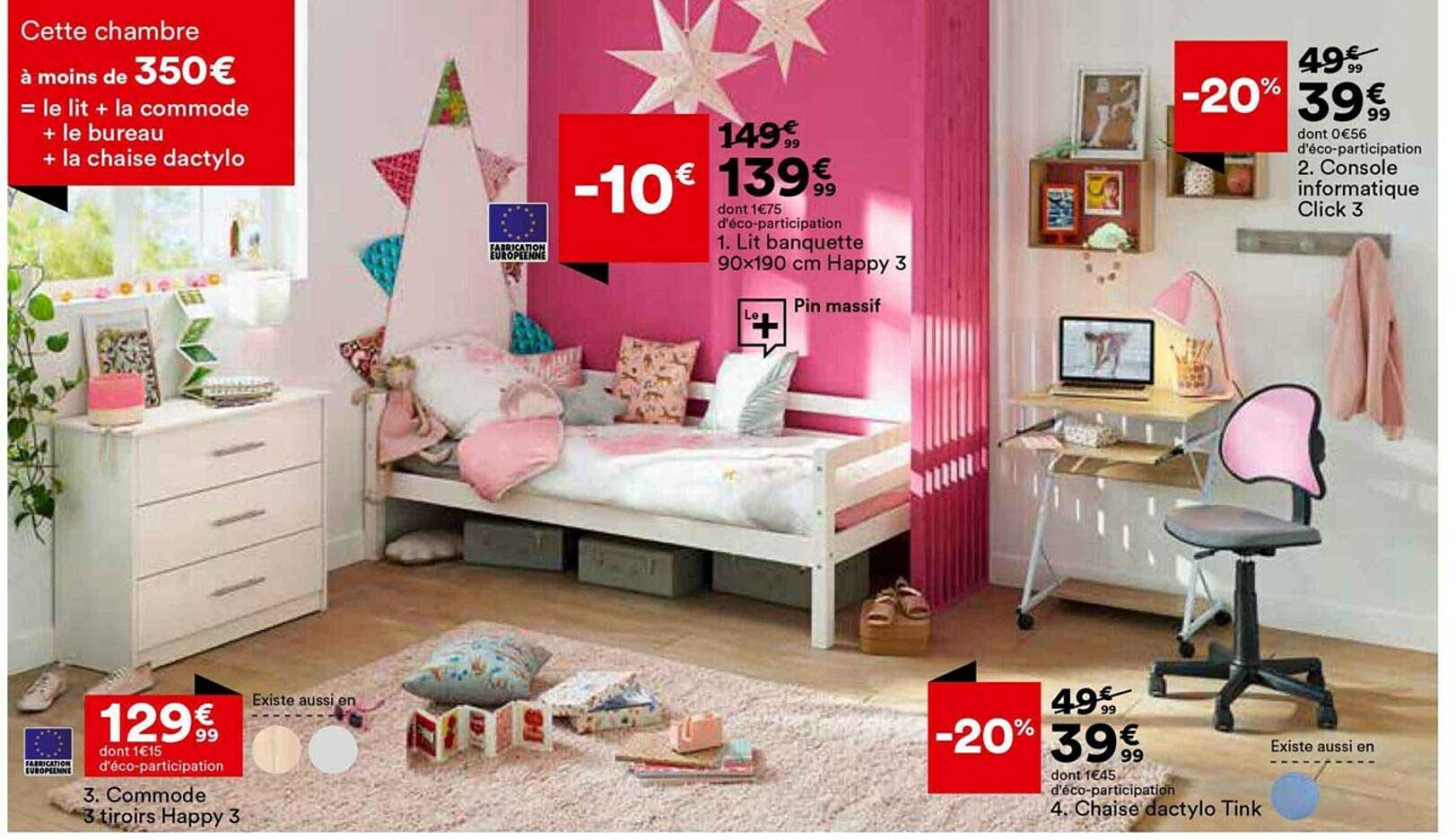 Lit Banquette 90 X 190 Cm Happy 3, Console Informatique Click 3, Commode 3 Tiroirs Happy 3, Chaise Dactylo Tink