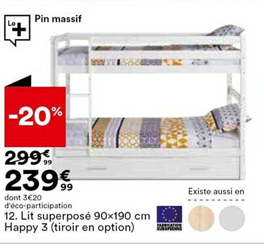 lit superposé 90 x 190 cm happy 3 (tiroir en option)