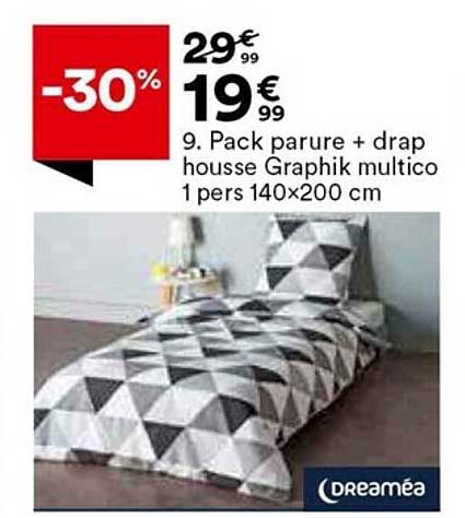 pack parure + drap housse graphik multico 1 pers 140 x 200 cm dreaméa