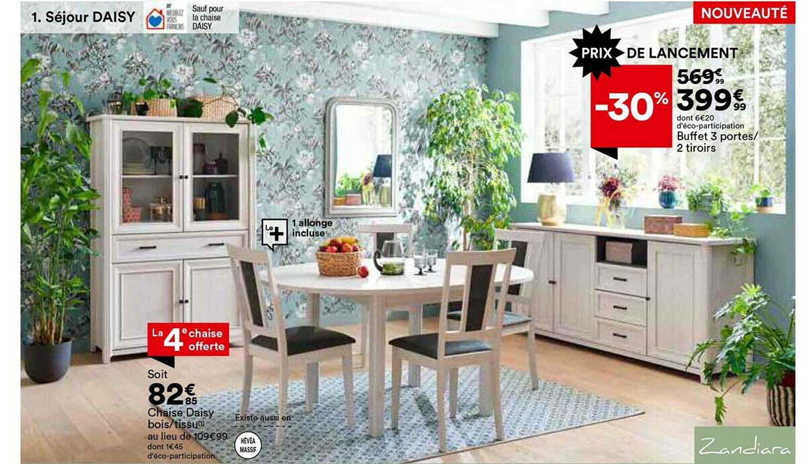 séjour daisy : chaise daisy, buffet 3 portes - 2 tiroirs