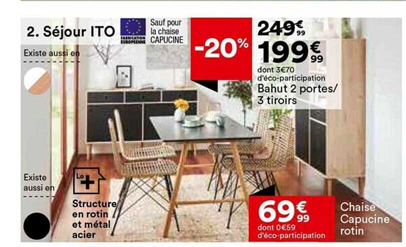 séjour ito : bahut 2 portes - 3 tiroirs, chaise capucine rotin