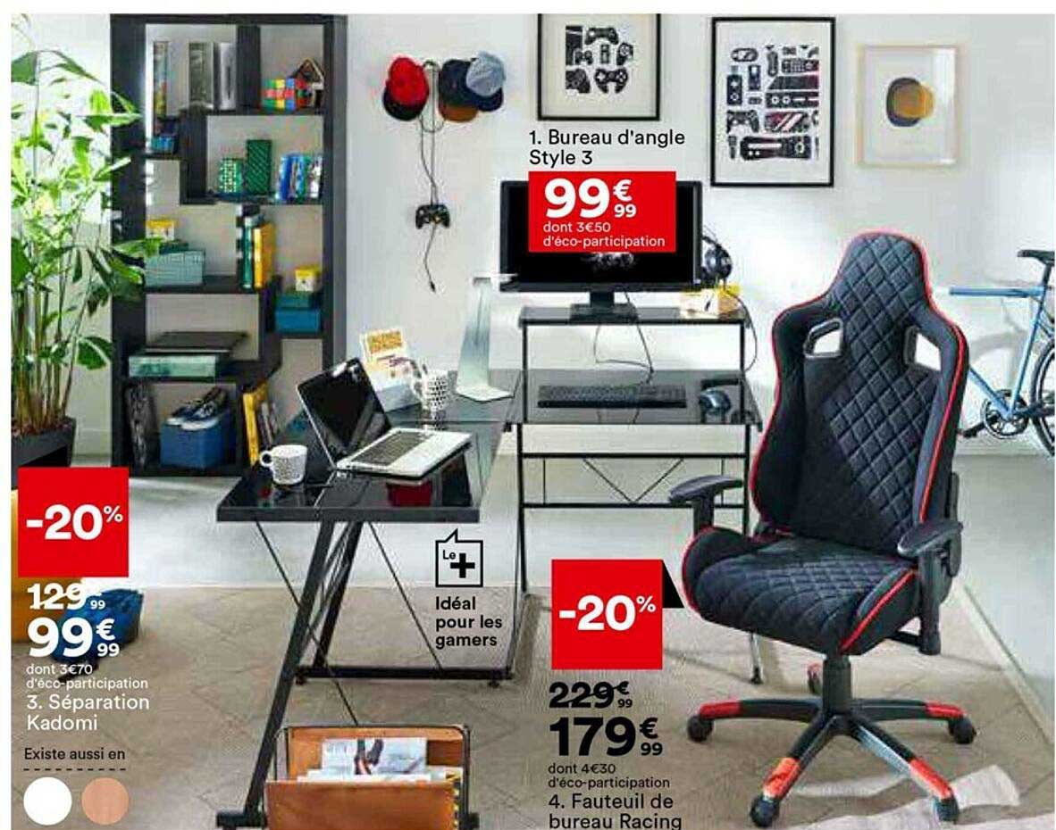 séparation kadomi, bureau d'angle style 3, fauteuil de bureau racing