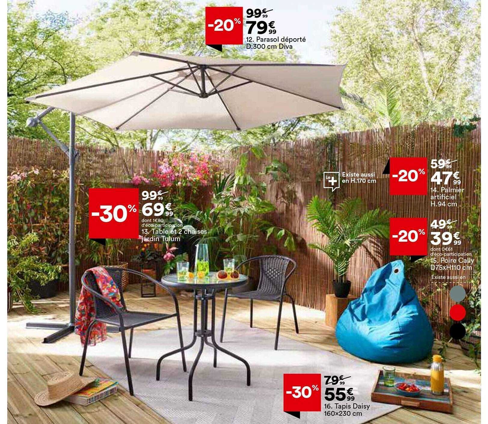 table et 2 chaises jardin tulum, palmier artificiel h.94 cm, poire cally d.75 x h.110 cm, tapis daisy 160 x 230 cm