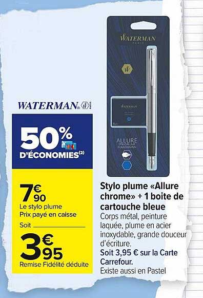 Stylo Plume «allure Chrome» + 1 Boîte De Cartouche Bleue Waterman