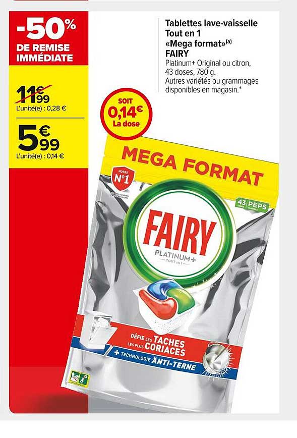 tablettes lave-vaisselle tout en 1 «mega format» fairy