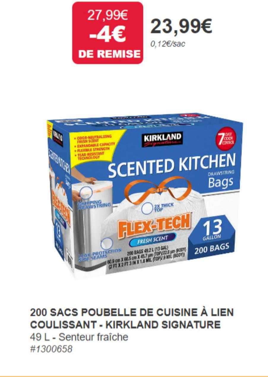 200 sacs poubelle de cuisine à lien coulissant - kirkland signature