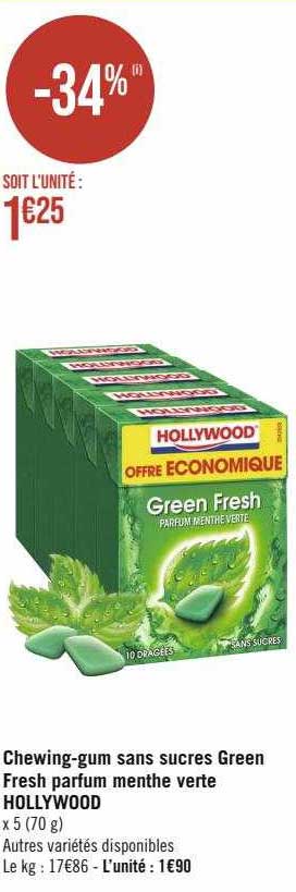 chewing-gum sans sucres green fresh parfum menthe verte hollywood
