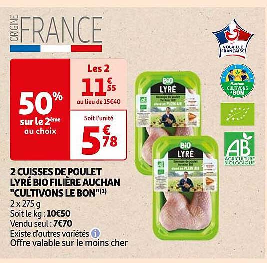 2 cuisses de poulet lyré bio filière auchan "cultivons le bon"