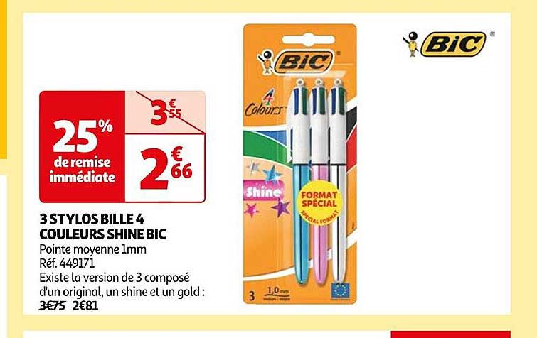 3 Stylos Bille 4 Couleurs Shine Bic