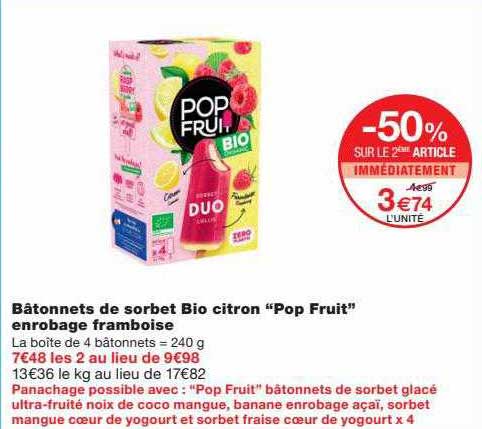 bâtonnets de sorbet bio citron "pop fruit" enrobage framboise