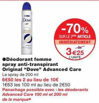 déodorant femme spray anti-transpirant original "dove" advanced care