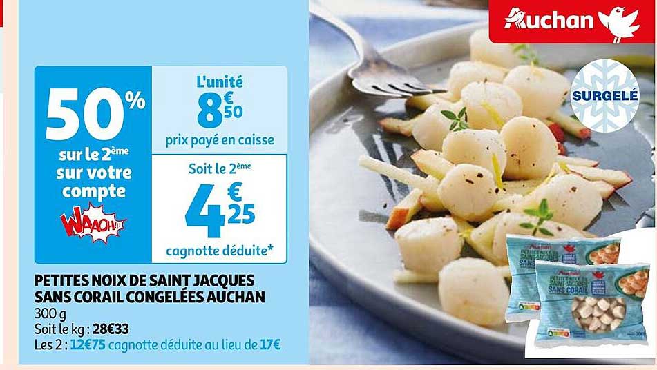 petites noix de saint jacques sans corail congelées auchan