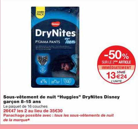 sous-vêtement de nuit "huggies" dry nites disney garçon 8-15 ans