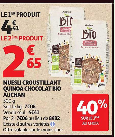 Auchan Muesli Croustillant Quinoa Chocolat Bio