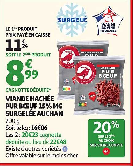 Auchan Viande hachée pur boeuf 15% MG surgelée