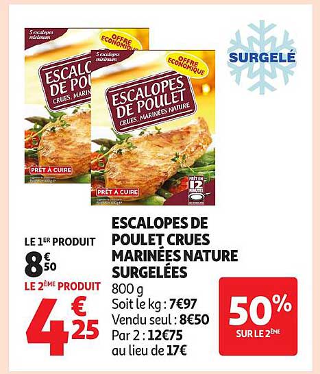 Escalopes de poulet crues marinées nature surgelées