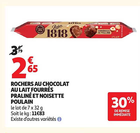 Poulain Rochers au chocolat au lait fourrés praliné et noisette