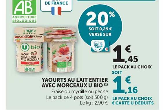 U Bio Yaourts au lait entier avec morceaux