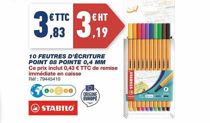 10 feutres d'écriture point 88 pointe 0,4 mm stabilo