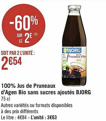 100% jus de pruneaux d'agen bio sans sucres ajoutés bjorg