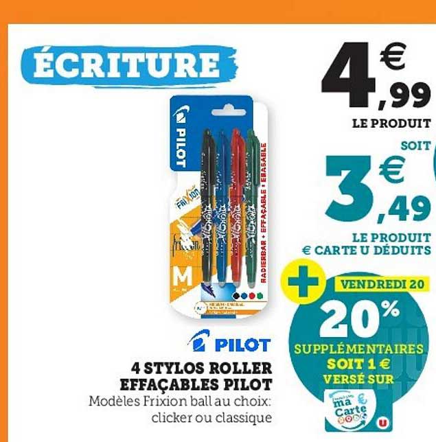 4 Stylos Roller Effaçables Pilot