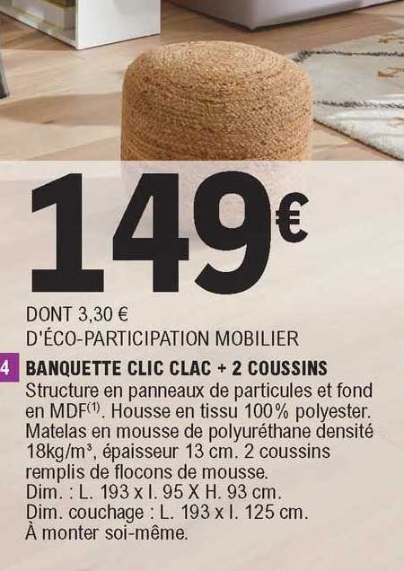 banquette clic clac + 2 coussins