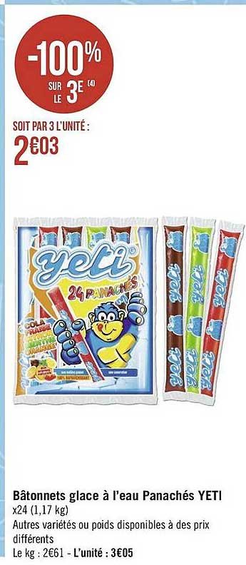 bâtonnets glace à l'eau panachés yeti