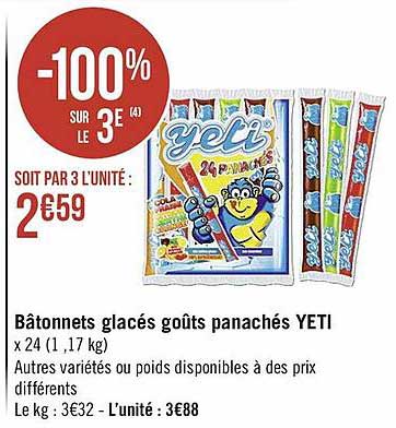 bâtonnets glacés goûts panachés yeti