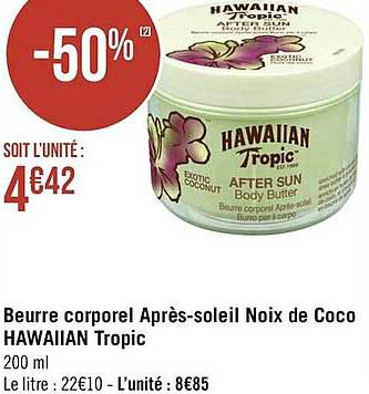 beurre corporel après-soleil noix de coco hawaiian tropic