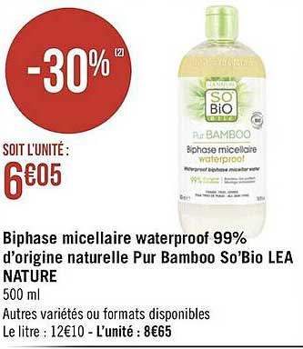 biphase micellaire waterproof 99% d'origine naturelle pur bamboo so'bio léa nature