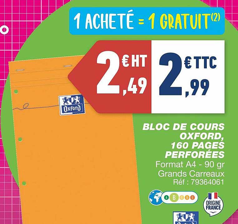 bloc de cours oxford, 160 pages perforées