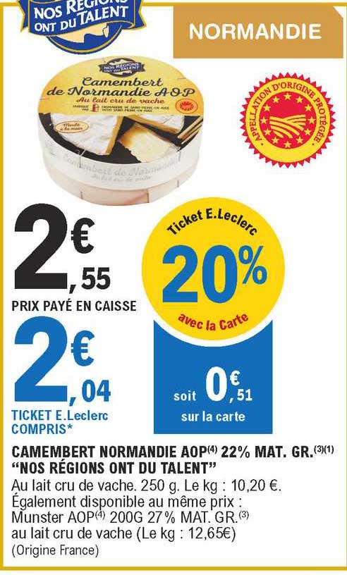 camembert normandie aop 22% mat. gr. "nos régions ont du talent"