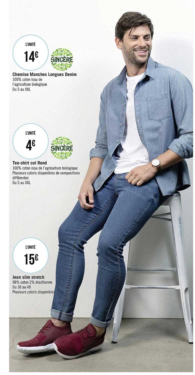 chemise manches longues denim, tee-shirt col rond sincère, jean slim stretch