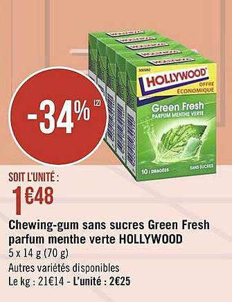 chewing-gum sans sucres green fresh parfum menthe verte hollywood