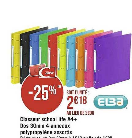 classeur school life a4+ dos 30mm 4 anneaux polypropylène assortis elba