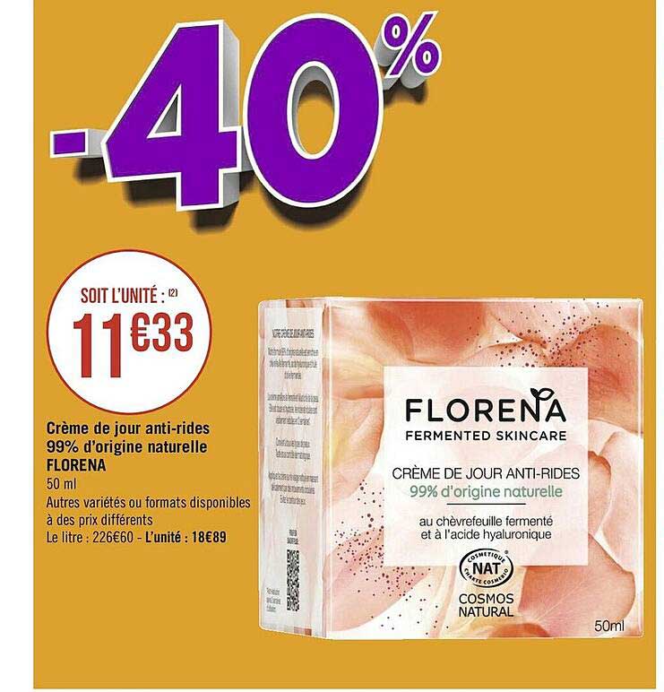 crème de jour anti-rides 99% d'origine naturelle florena