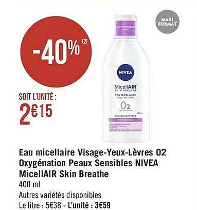 eau micellaire visage-yeux-lèvres 02 oxygénation peaux sensibles nivea micellair skin breathe