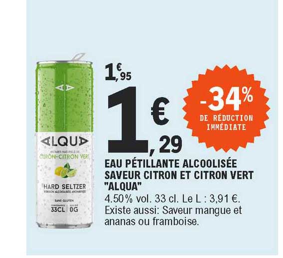 eau pétillante alcoolisée saveur citron et citron vert "alqua"