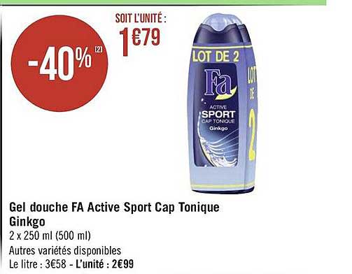 gel douche fa active sport cap tonique ginkgo