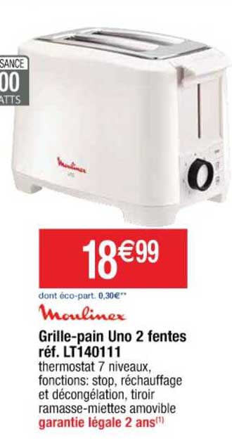 grille-pain uno 2 fentes réf. lt140111 moulinex