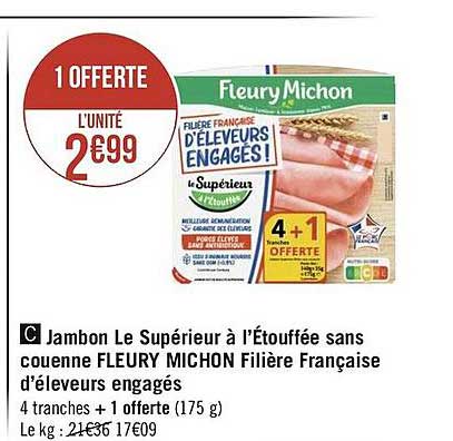 jambon le supérieur à l'étouffée sans couenne fleury michon filière française d'éleveurs engagés