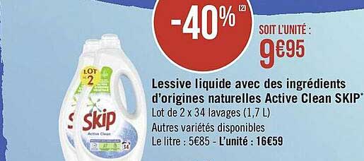 Lessive Liquide Avec Des Ingrédients D'origines Naturelles Active Clean Skip