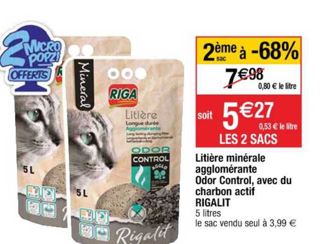 litière minérale agglomérante odor control, avec du charbon actif rigalit