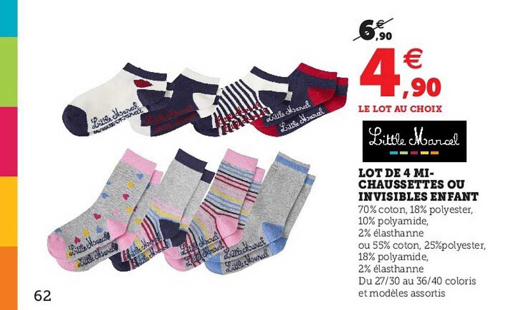 lot de 4 mi-chaussettes ou invisibles enfant