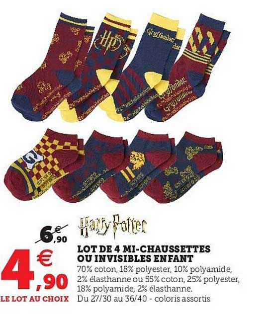lot de 4 mi-chaussettes ou invisibles enfant