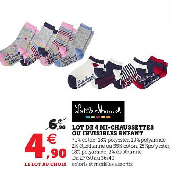lot de 4 mi-chaussettes ou invisibles enfant little marcel