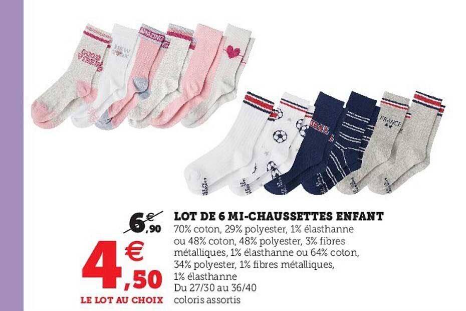 lot de 6 mi-chaussettes enfant